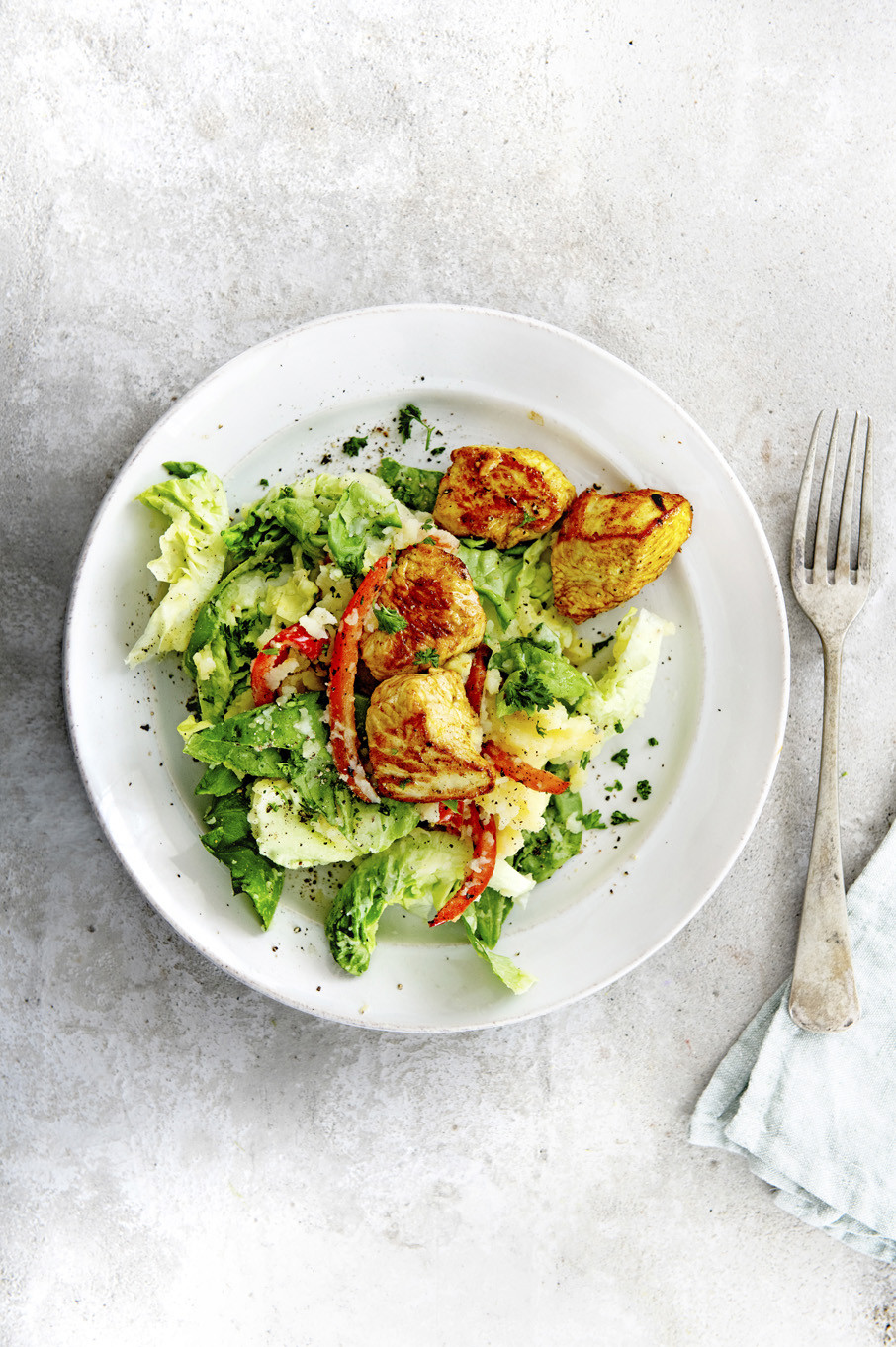 Kropslastamppot met gegrilde paprika en kalkoen